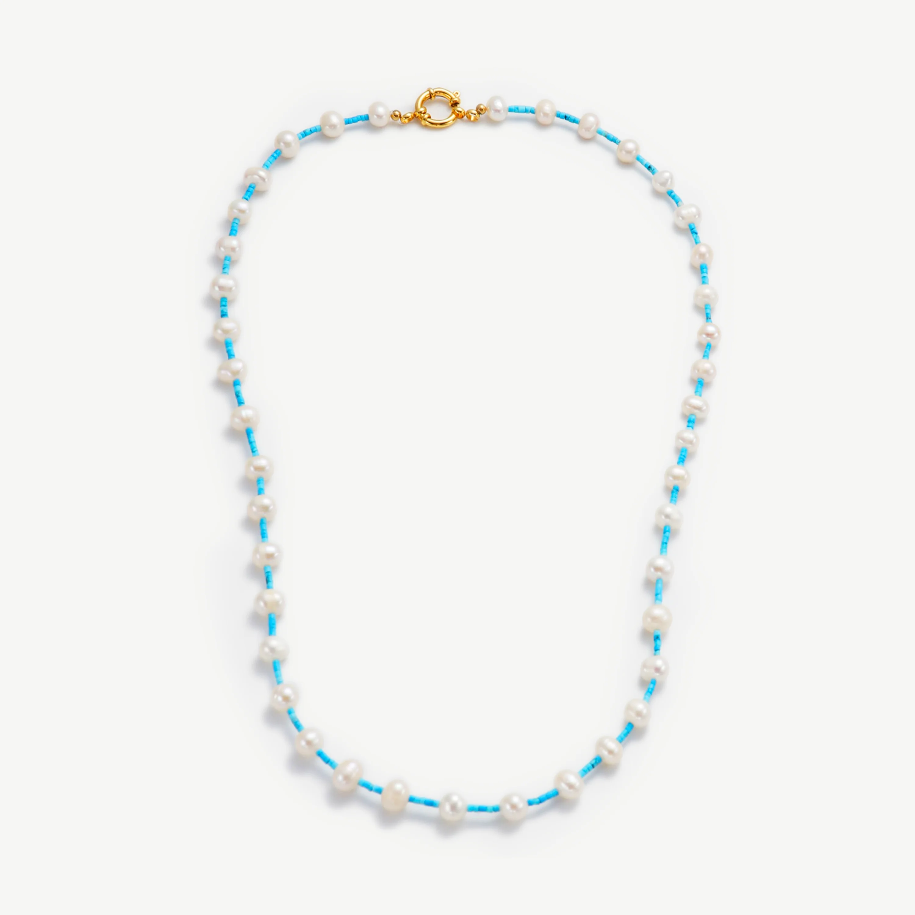 

Chris April Anti-tarnish 316L stainless steel 18k PVD gold plated natural pearls blue turquoise beads rudder clasp necklace