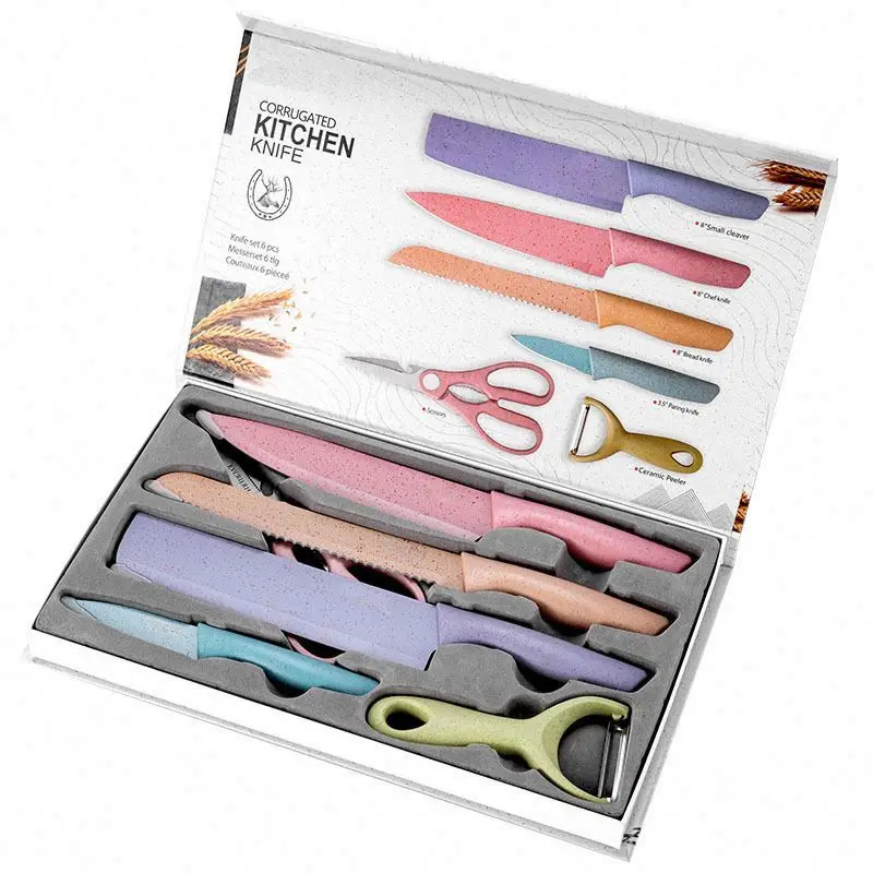 FACTORY most popular colorful 6PCS Non stick blade stainless steel kitchen knives with wheat straw handle gift box
FACTORY most popular colorful 6PCS Non stick blade stainless steel kitchen knives with wheat straw handle gift box