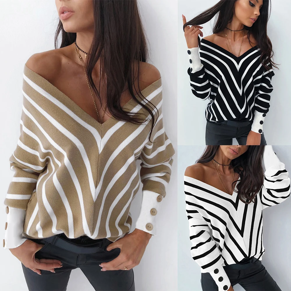 Hot selling Striped V-neck Long One-Shoulder Off the Shoulder Sleeve Knitting top Clothing Woman Clothes, 3 colors
Hot selling Striped V-neck Long One-Shoulder Off the Shoulder Sleeve Knitting top Clothing Woman Clothes, 3 colors