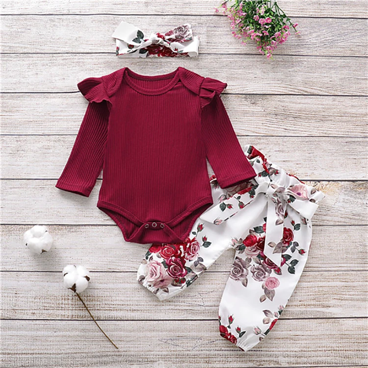 Fashion newborn 3 pieces set clothes long sleeve flutter solid baby girl romper with floral print bow pant headband
Fashion newborn 3 pieces set clothes long sleeve flutter solid baby girl romper with floral print bow pant headband