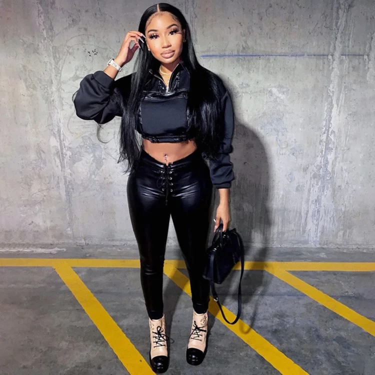 Trendy 2021 Fall Apparel PU Leather 2 Piece Set Women Patchwork Long Sleeve Cropped Tops And Long Pants Outfits
Trendy 2021 Fall Apparel PU Leather 2 Piece Set Women Patchwork Long Sleeve Cropped Tops And Long Pants Outfits