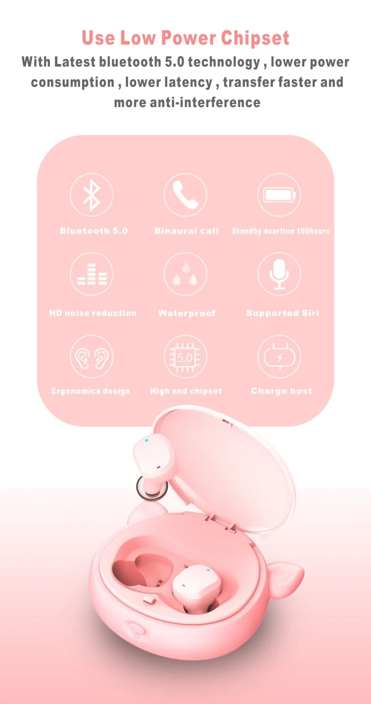 Cat Ear TWS-V18 Wireless Bluetooth 5.0 Earphone Sports Sweatproof Wireless Charge Headphone Touch Portable Earbuds - ANKUX.COM