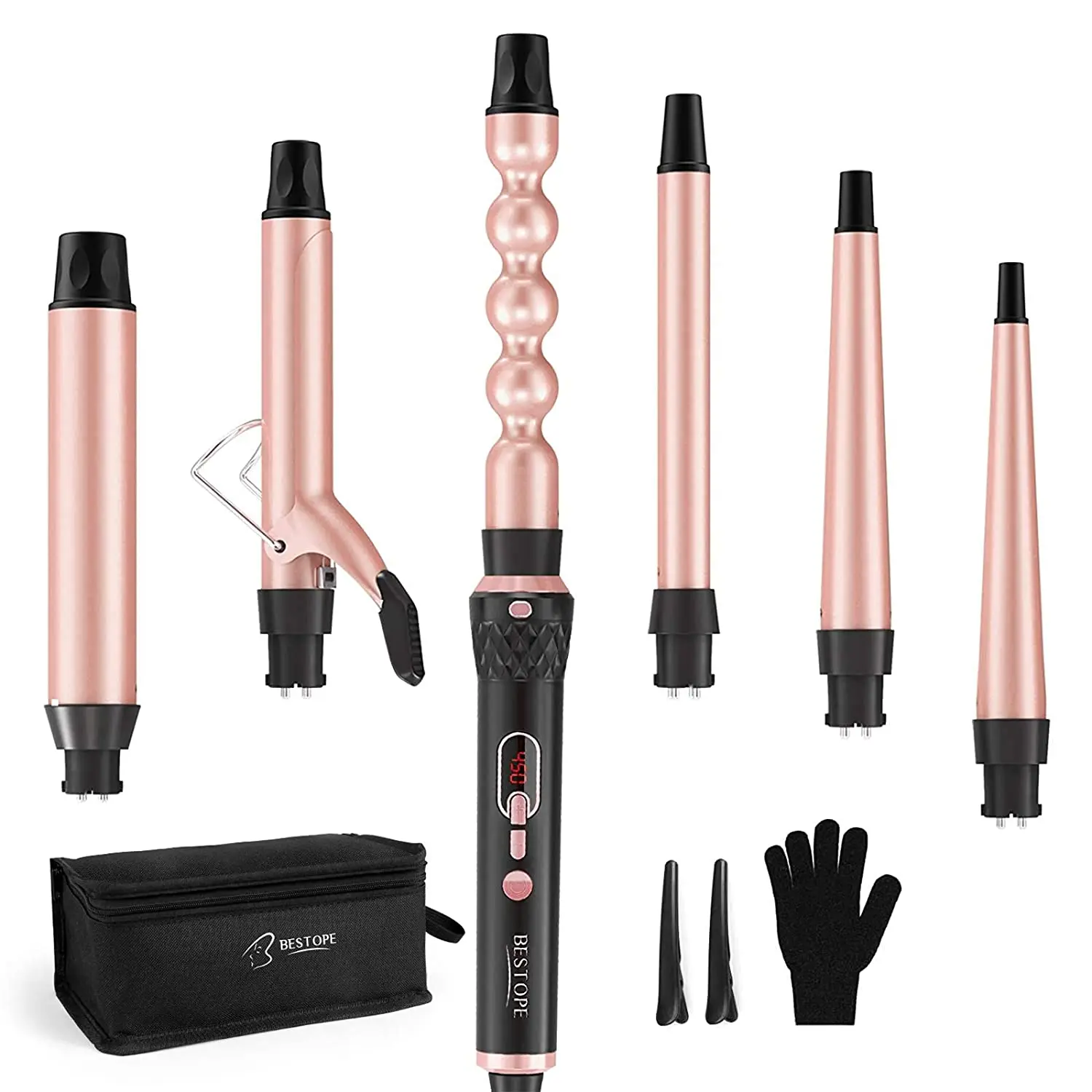 Bestope 6 in 1 interchangeable curling wand set LED display set ceramic professional hair curling iron, Rose gold
Bestope 6 in 1 interchangeable curling wand set LED display set ceramic professional hair curling iron, Rose gold
