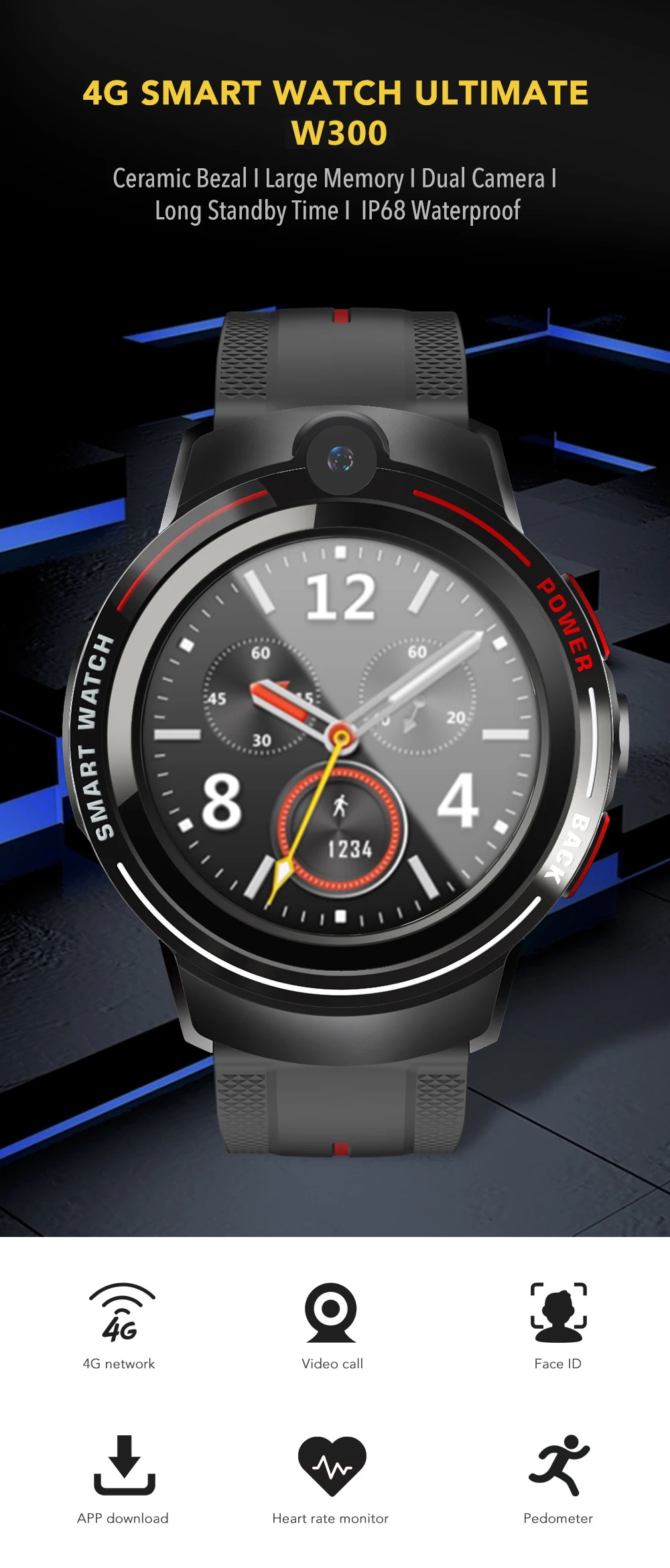 Mobile Watch Phones Sports Black Smart Watch With Waterproof IP68 3-axis G-sensor Optical Heart Rate Sensor And WiFi