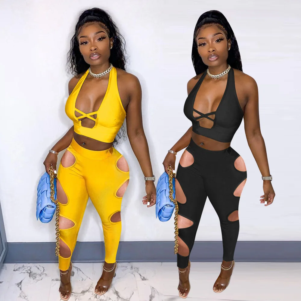 2021 New Solid Color Cross Sexy Hollow Halter Vest Hole Pants 2 Piece Women Set
2021 New Solid Color Cross Sexy Hollow Halter Vest Hole Pants 2 Piece Women Set