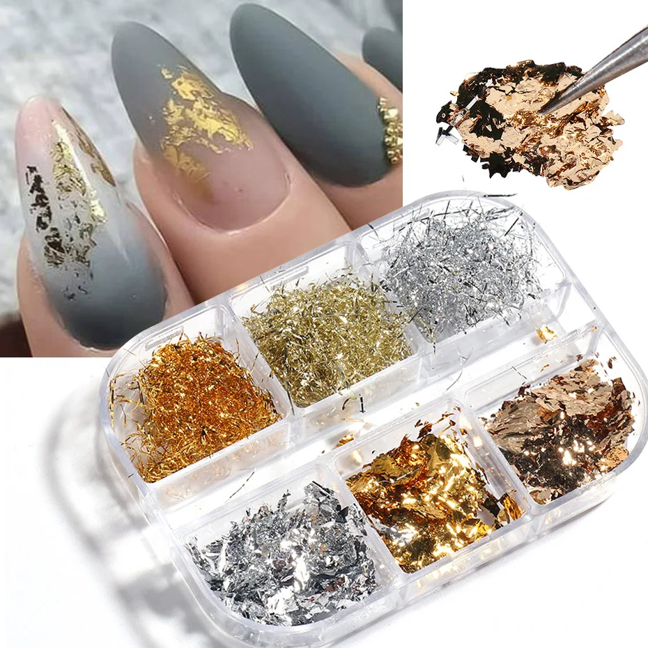 6 Grids/box Gold Silver Aluminum Foil Flake Nail Art Sequins Mixed Gold foil filaments Thin Slice Nail Art Decoration
6 Grids/box Gold Silver Aluminum Foil Flake Nail Art Sequins Mixed Gold foil filaments Thin Slice Nail Art Decoration