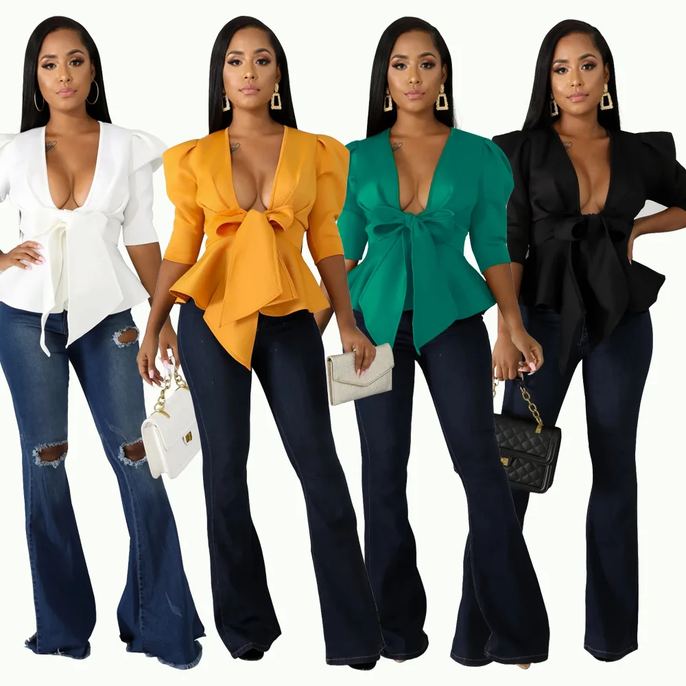 Custom Logo Ruffle Hem Short Sleeve Blouse Women Deep V Neck Sexy Tops and Blouses Shirt WY6604
Custom Logo Ruffle Hem Short Sleeve Blouse Women Deep V Neck Sexy Tops and Blouses Shirt WY6604