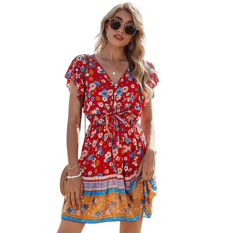Summer Latest Women Floral Print Holidays Dresses Short Sleeve Ladies Frock V-neck Girl Dress, Red
Summer Latest Women Floral Print Holidays Dresses Short Sleeve Ladies Frock V-neck Girl Dress, Red