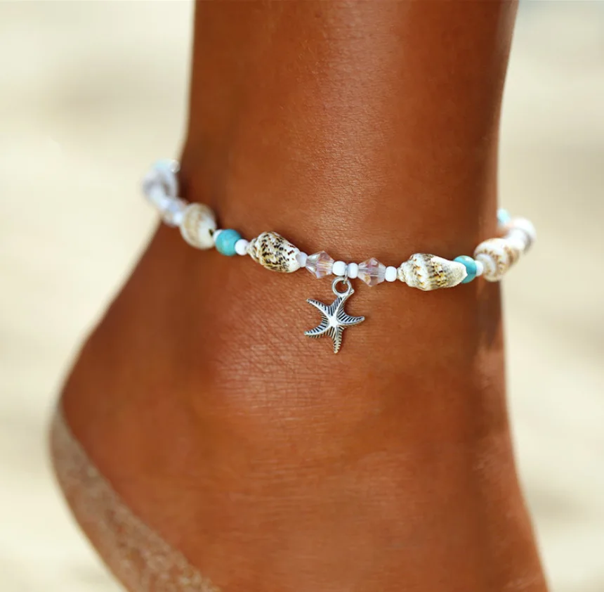 

2022 Wholesale Bohemia Handmade Anklet Summer Turquoise Beaded Anklet Shell Starfish Charms Anklet for Women, Pictures show