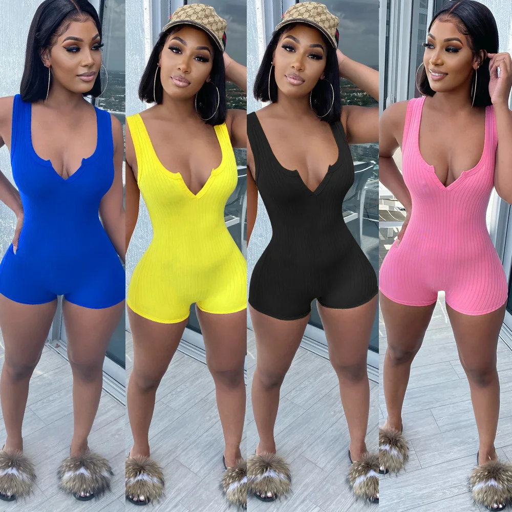 Plus Size Casual Bodycon Summer Shorts Womens Sleeveless One Piece Black Ribbed Stripe V-neck Jumpsuit, As show
Plus Size Casual Bodycon Summer Shorts Womens Sleeveless One Piece Black Ribbed Stripe V-neck Jumpsuit, As show