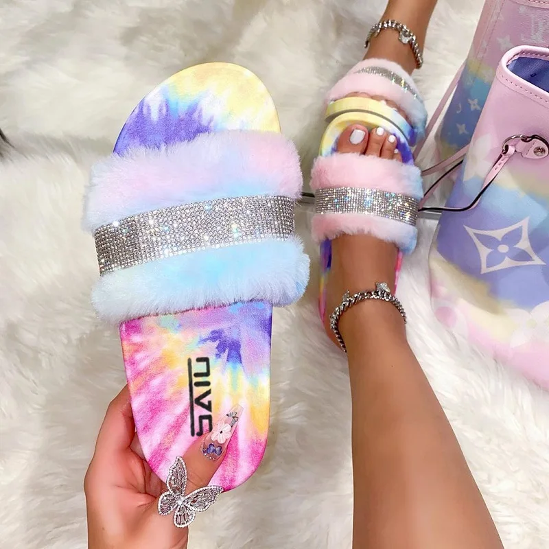 Fur Slides Sandals Slippers Tie dye rainbow color Bling crystal diamond rhinestone home slippers
Fur Slides Sandals Slippers Tie dye rainbow color Bling crystal diamond rhinestone home slippers