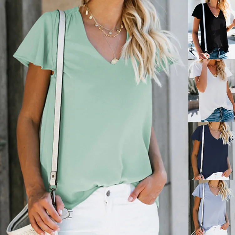 New Arrive Elegent cuff short sleeve polyester ladies' blouses top v neck casual T-shirt
New Arrive Elegent cuff short sleeve polyester ladies' blouses top v neck casual T-shirt