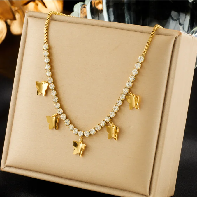 Stainless Steel Gold Color Butterfly Pendant Necklace For Women Luxury Zircon Rhinestone Chain Waterproof Girl Jewelry Gift
Stainless Steel Gold Color Butterfly Pendant Necklace For Women Luxury Zircon Rhinestone Chain Waterproof Girl Jewelry Gift