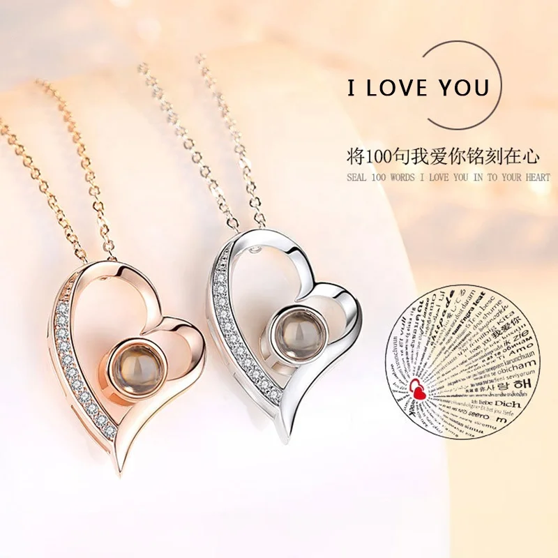 925 Sterling Silver Heart Pendant Zircon Necklaces 100 Languages I love you Projection Necklace For Women Trend Jewelry
925 Sterling Silver Heart Pendant Zircon Necklaces 100 Languages I love you Projection Necklace For Women Trend Jewelry