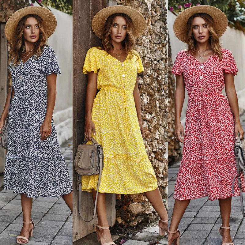 Women Casual V Neck Dress Summer Elegant Lotus Leaf Edge Pleated Short Sleeve Casual Dresses Bohemian Dress, Multi
Women Casual V Neck Dress Summer Elegant Lotus Leaf Edge Pleated Short Sleeve Casual Dresses Bohemian Dress, Multi
