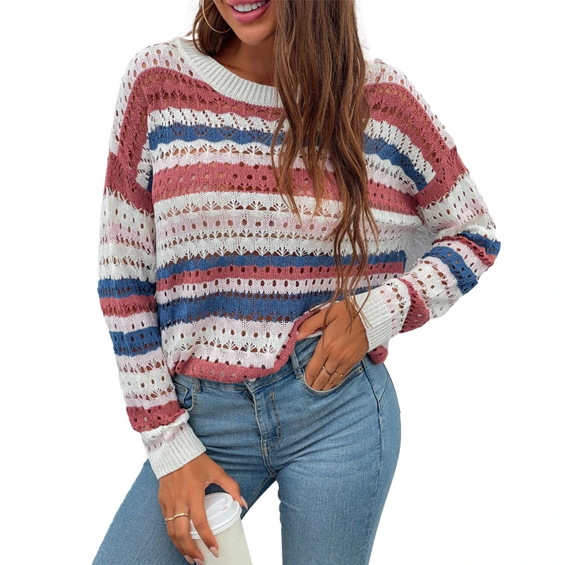 2021 Wholesale Fall winter striped patchwork O-neck hollowed-out knit pullover women sweater
2021 Wholesale Fall winter striped patchwork O-neck hollowed-out knit pullover women sweater
