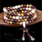Natural Sandalwood Buddhist Buddha Wood Prayer Bead Tasbih 108 Mala Unisex Bracelet With Lotus Pendant