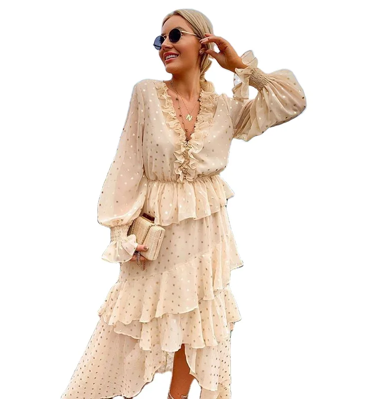 Apricot Polka Dot Sequin Irregular Ruffle Lantern Sleeve Sparkly High-low Banquet Party Maxi Dress, Beige
Apricot Polka Dot Sequin Irregular Ruffle Lantern Sleeve Sparkly High-low Banquet Party Maxi Dress, Beige
