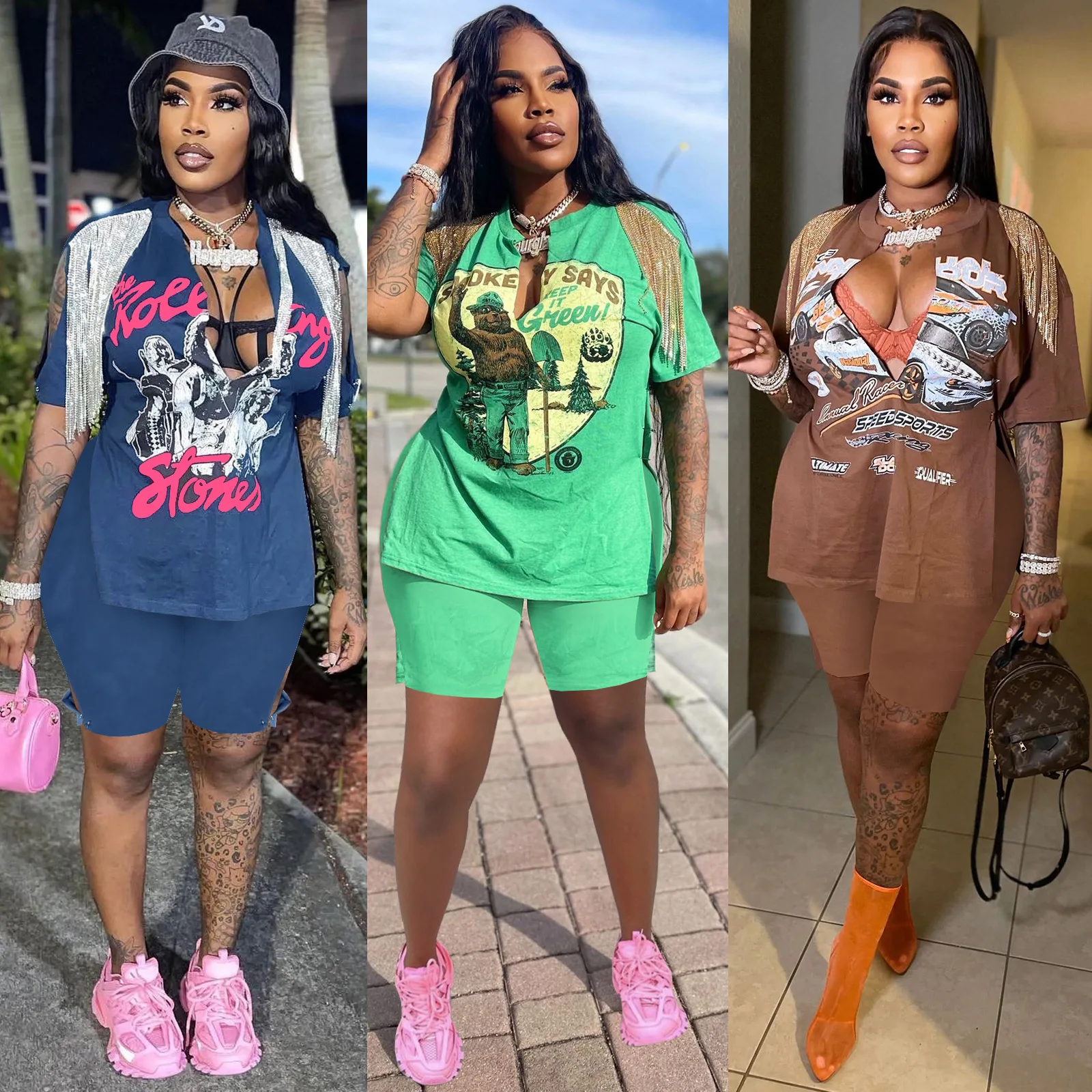 2022 Summer streetwear clothing Casual pattern Short Sleeve V Neck woman T-shirt and shorts sexy 2 Piece Set
2022 Summer streetwear clothing Casual pattern Short Sleeve V Neck woman T-shirt and shorts sexy 2 Piece Set