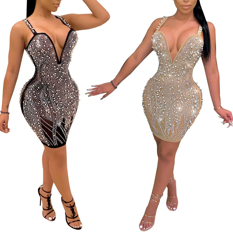 2020 New Design High quality Sling Sleeveless Rhinestone Bodycon Club Dresses Sexy Deep V Neck Backless Plus Size Women Dresses
2020 New Design High quality Sling Sleeveless Rhinestone Bodycon Club Dresses Sexy Deep V Neck Backless Plus Size Women Dresses