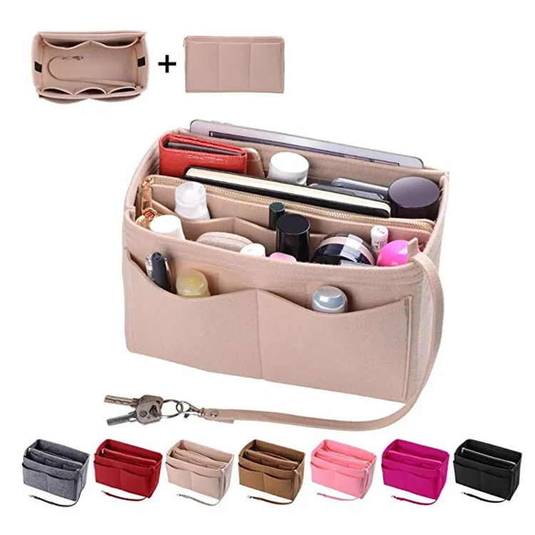

Custom Multi-Pockets luxury storage tote shaper makeup box cosmetic insert felt Purse bag organizer for handbag