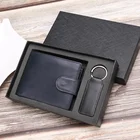 Hot sell leather custom wallet design genuine leather men's wallet RFID purse Christmas gift set