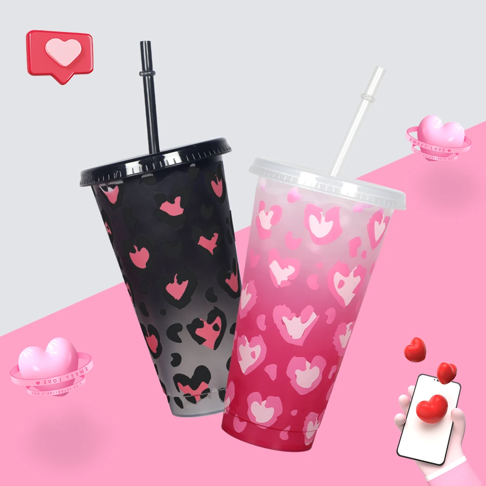 

Valentines day gift 2024 reusable coffee pp cold plastic tumbler colour changing cup with straw