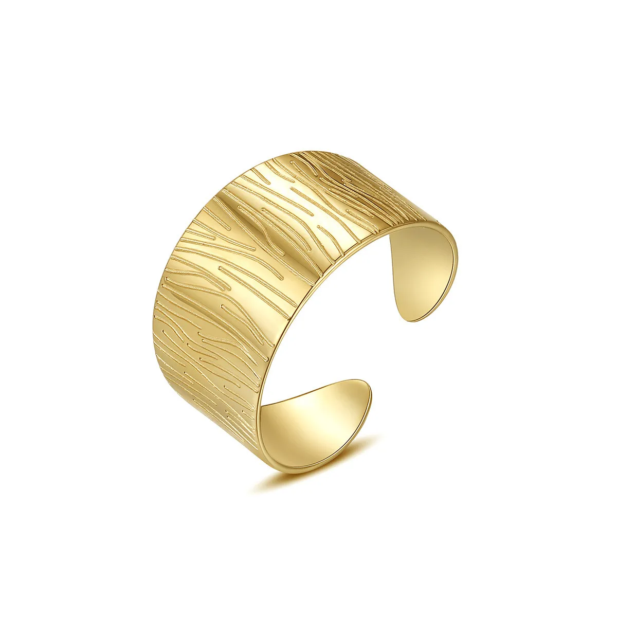 

2022 Simple Fashion Design Gold Plating Texture Opening Ring Stainless Steel Width Statement Ring For Girls