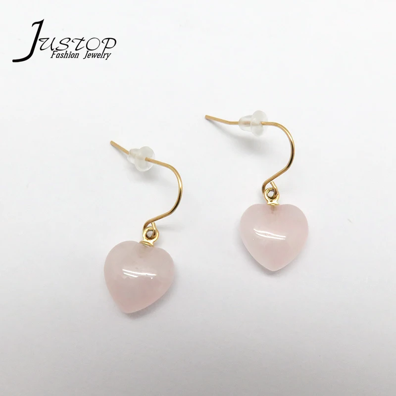 Stainless steel jewelry gold plated minimalist pink stone heart rose quartz earrings, As picture
Stainless steel jewelry gold plated minimalist pink stone heart rose quartz earrings, As picture