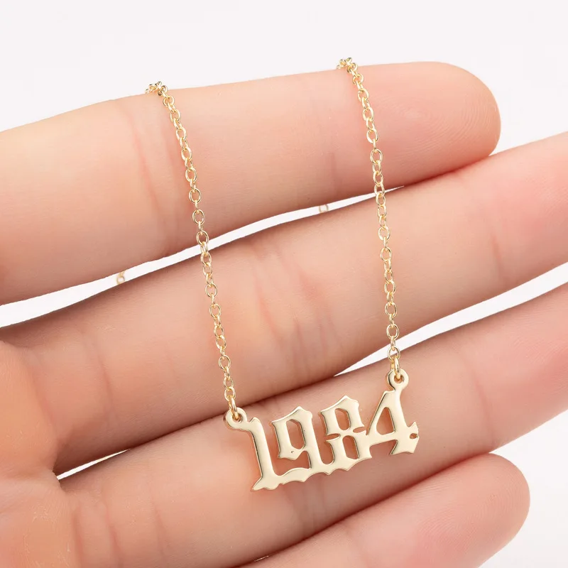 1980-1989 year old english font pendant jewelry birthday supplies stainless steel gold/silver birth year necklace