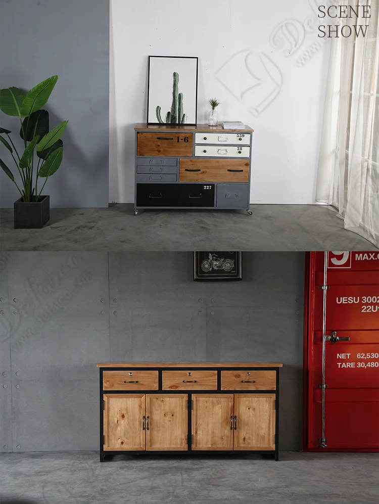 Retro Iron Frame Industrial Cabinet With Casters Wood Drawer Door Shipping Container Style Customized