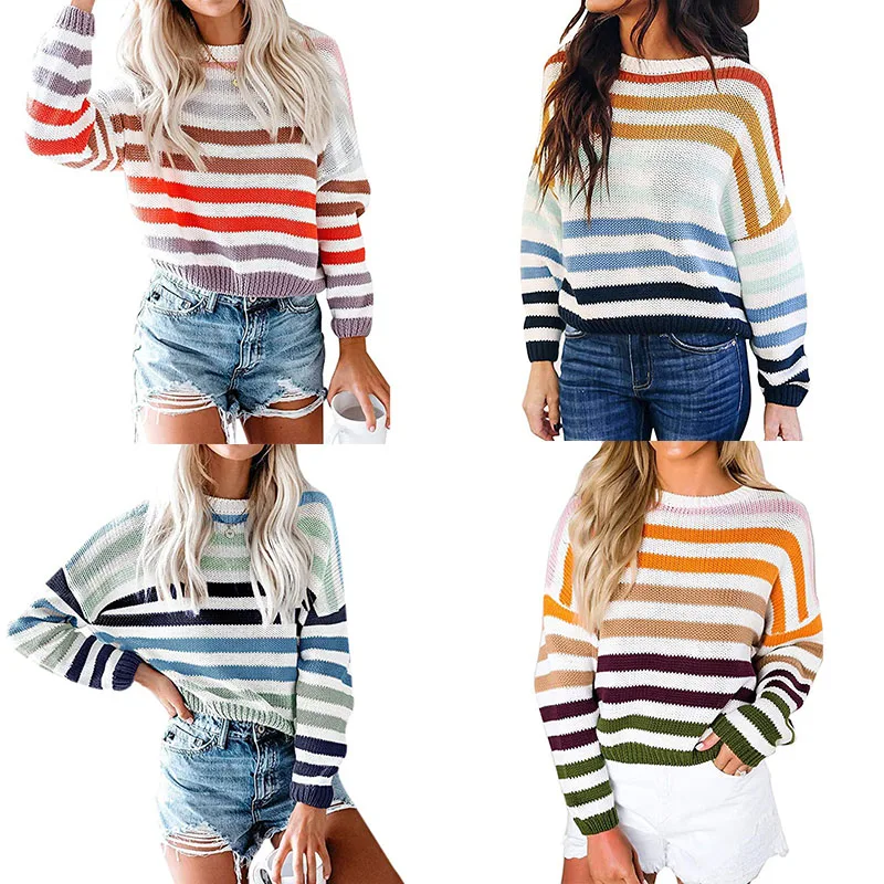 2021 Wholesale Long Sleeve Knitted Sweater Warm Knitted Pullover Colorblock Winter stripe Women Sweater
2021 Wholesale Long Sleeve Knitted Sweater Warm Knitted Pullover Colorblock Winter stripe Women Sweater