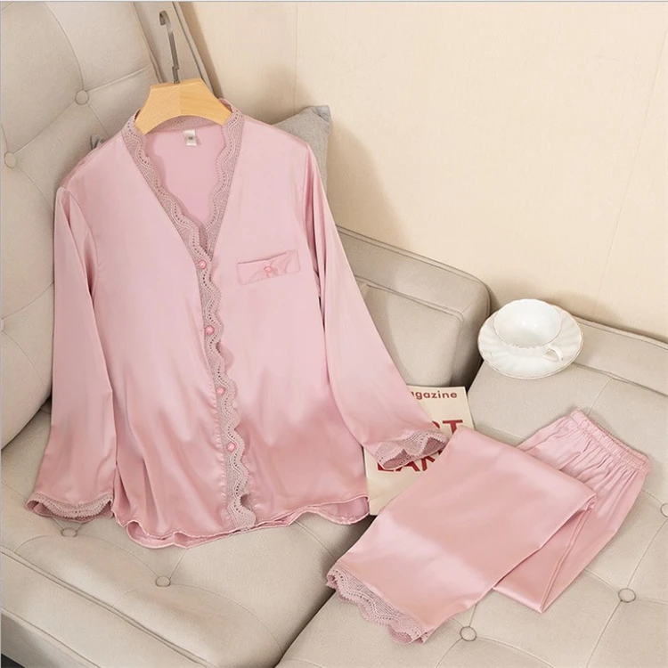 Wholesale Roupa de Dormir Spring Solid Lace Homewear Long Sleeve Soft Satin Silk Nightclothes With Pant
Wholesale Roupa de Dormir Spring Solid Lace Homewear Long Sleeve Soft Satin Silk Nightclothes With Pant
