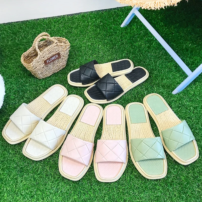 

Casual Fancy Lady Flat Sandals Woven Straw Rattan Sole Square Toe Women Slippers Low Heel Slides, Nude yellow nude peach