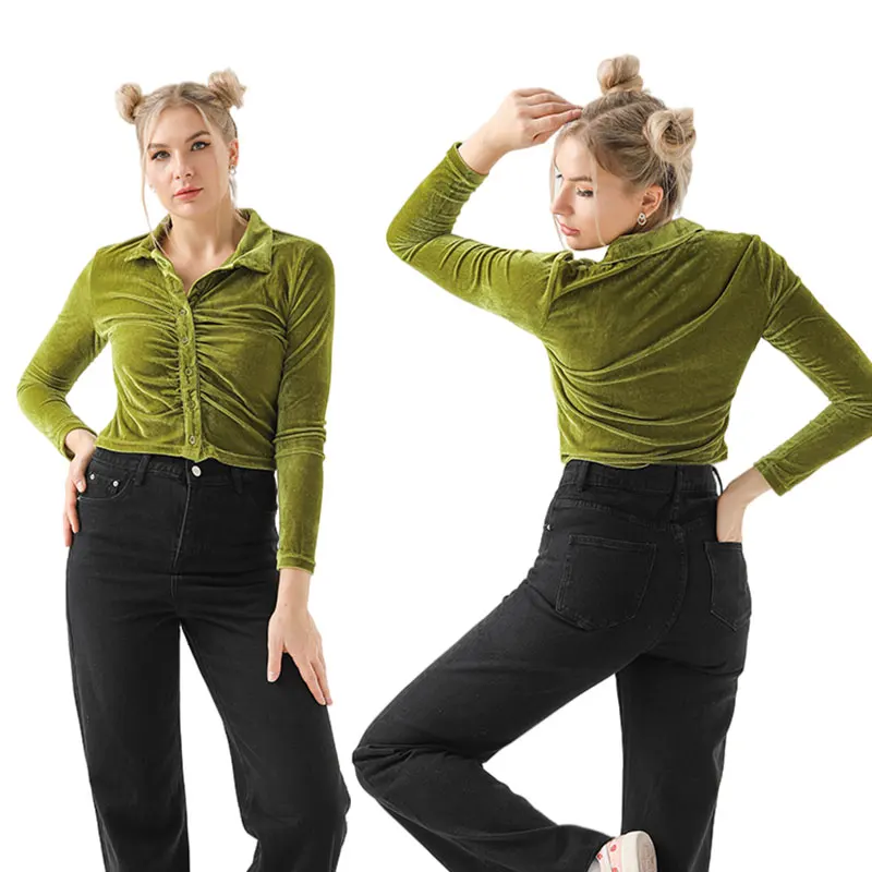 Fall women clothes velvet top pleated single-breasted short shirt elasticity sexy cardigan elegant casual women blouses, Customized color
Fall women clothes velvet top pleated single-breasted short shirt elasticity sexy cardigan elegant casual women blouses, Customized color