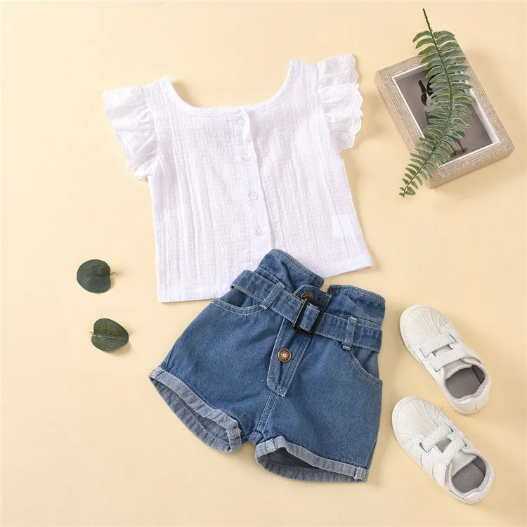 High Quality Girls' Clothing Sets Kids Petal Sleeve Lace Top+Denim Shorts 2 Piece Children Clothes Baby Summer Outfit Casual, White
High Quality Girls' Clothing Sets Kids Petal Sleeve Lace Top+Denim Shorts 2 Piece Children Clothes Baby Summer Outfit Casual, White