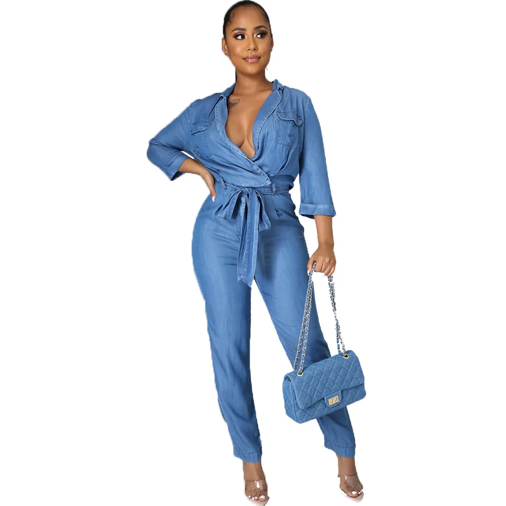 HSF2922 2021 new arrival summer solid color denim pockets v neck blue one piece women jumpsuit
HSF2922 2021 new arrival summer solid color denim pockets v neck blue one piece women jumpsuit