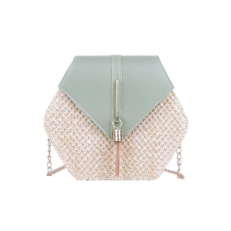 

New Popular Trend Woman Bags Shoulder Summer Particular Straw Beach Bags Hexagon Woven Mobile Phone Bags, Black\white\green\brown