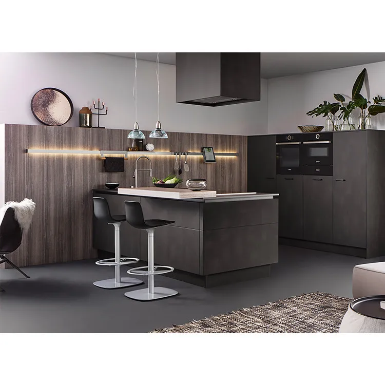 Italian Style Modern Wood Veneer Finger Pull Kitchen Cabinets With Island