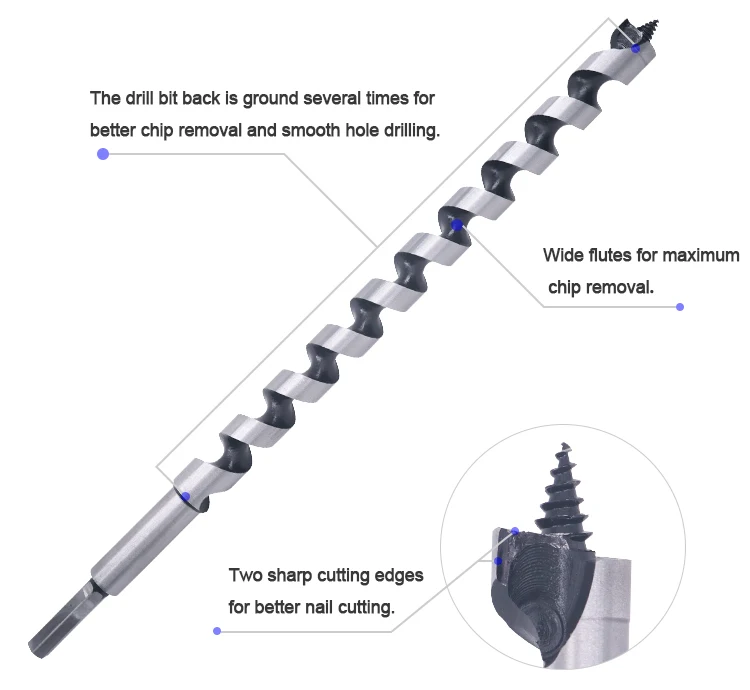 Impact 1/4 Hex Shank Wood Screw Nail Cutting Ship Auger Drill Bit for Nail Wood Cutting