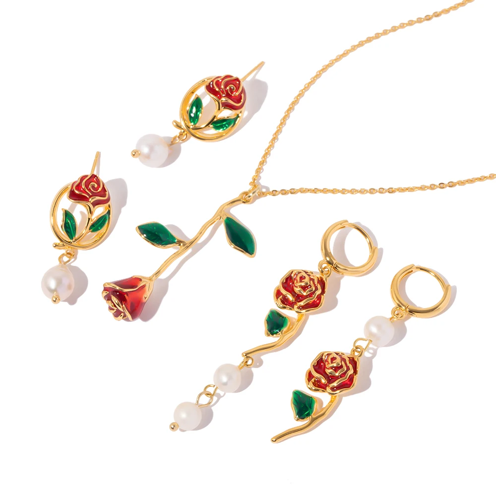Fashion Jewelry Red Rose Earrings Brass Freshwater Pearl Flower Rose Pendant Necklace Earring Set
Fashion Jewelry Red Rose Earrings Brass Freshwater Pearl Flower Rose Pendant Necklace Earring Set