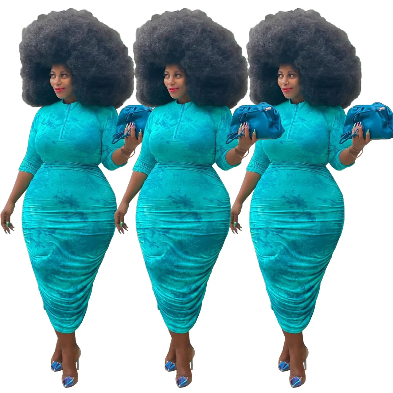 ORJ6038 Printed wrinkled zipper collar long plus size long sleeve dress plus size dress, Blue & green
ORJ6038 Printed wrinkled zipper collar long plus size long sleeve dress plus size dress, Blue & green