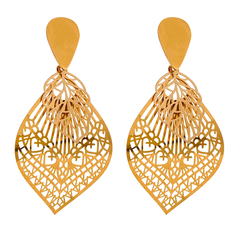 

JINYOU 1292 Stainless Steel Leaves Hollow Overlay Drop Dangle Light Earrings Gold Trendy Fashion Waterproof Jewelry for Women