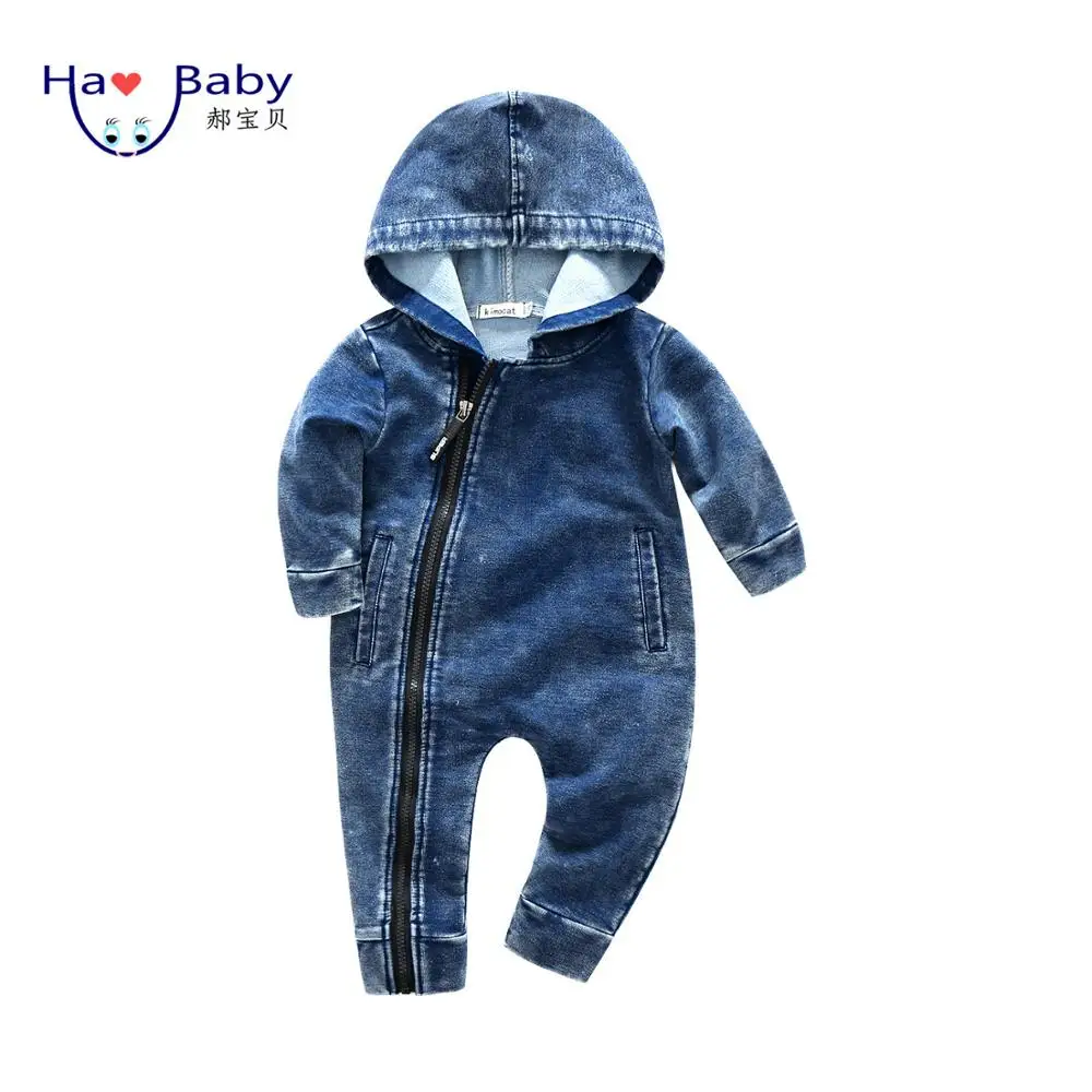 

Hao Baby Spring And Autumn New Infant Unisex Baby Diagonal Zipper Jumpsuit Baby Boys Clothing Denim Romper, As picture