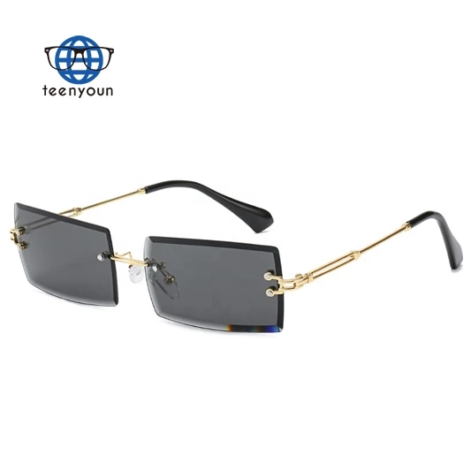 

Teenyoun Wholesale Custom Logo Fashion Metal Gradient Shades Eyewear Women Small Rimless Square Sunglasses 2023 New Diamond Cut