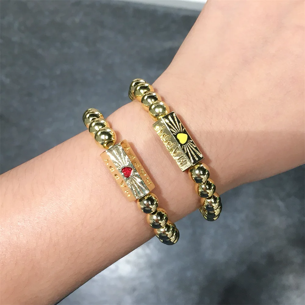European Fashion 8mm Bead Engraved Happy Letter Bracelet Elastic Gold Plated Enamel Heart Beaded Bracelet
European Fashion 8mm Bead Engraved Happy Letter Bracelet Elastic Gold Plated Enamel Heart Beaded Bracelet