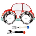 On-glazed Cartoon Car Shaped BPA Free 5 Compartments 304 Stainless Steel Kids Plates Set of 3