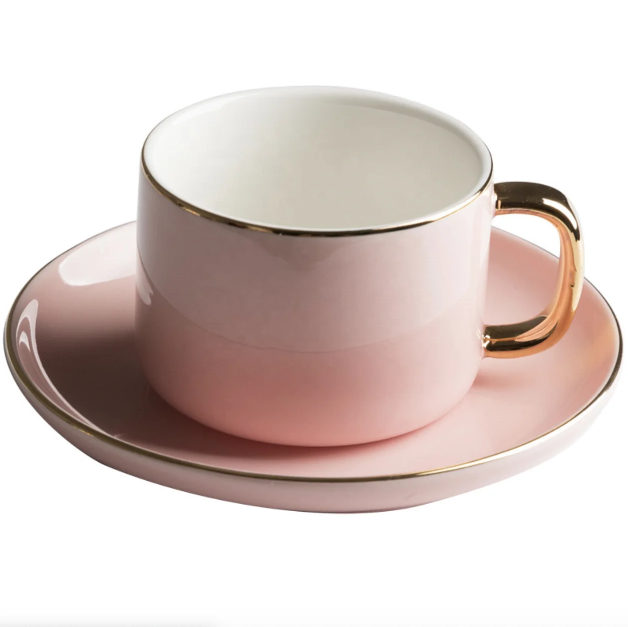 Ceramic mug with spoon European style coffee cup one cup one saucer set creative simple office water cup, White / pink / gray 
Ceramic mug with spoon European style coffee cup one cup one saucer set creative simple office water cup, White / pink / gray