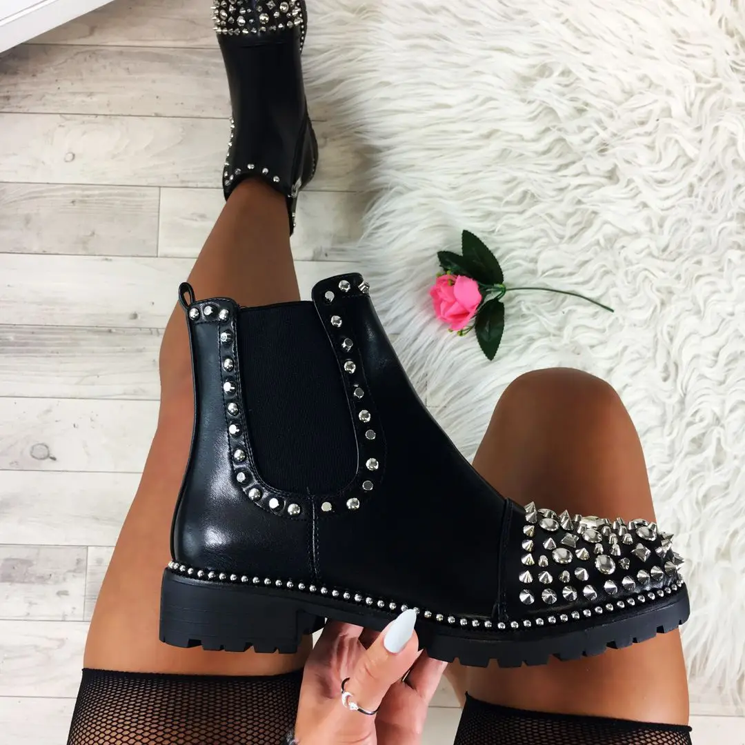 

Winter Rivet Boots Women Round Head Toe Leather Booties Studded Thick Low Heels Chelsea Ankle Botas De Mujer, Black