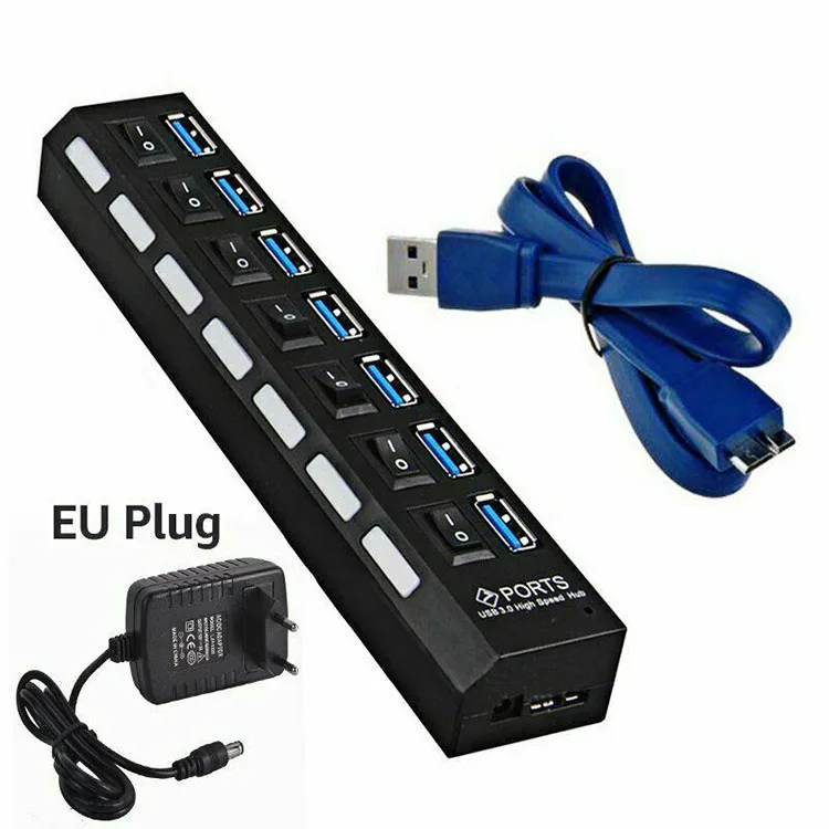 

4/7-port USB 3.0 hub with individual power switches and LEDs power adapter
